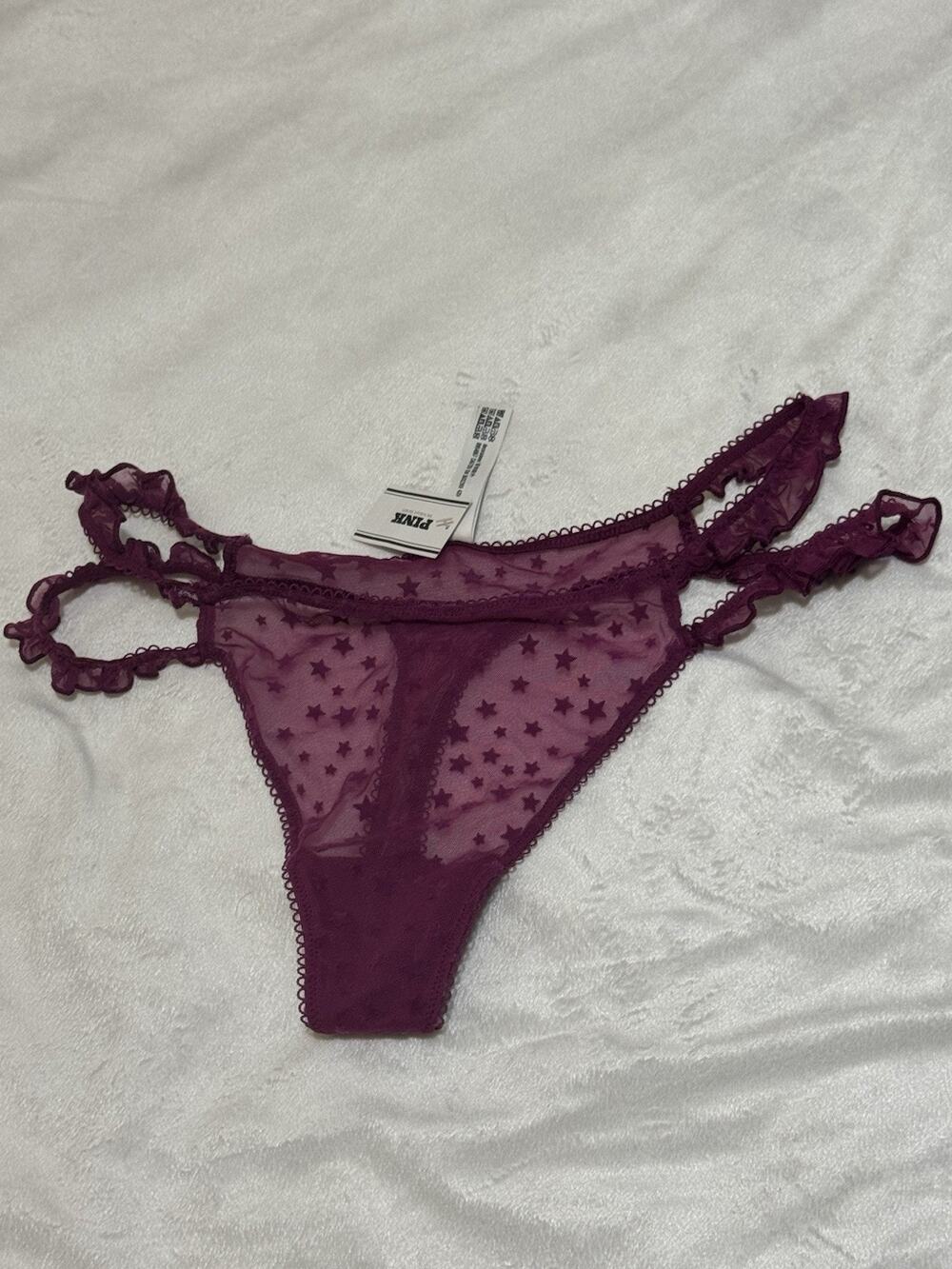 Victoria's Secret PINK V-String Panty Star Mesh Ruffle Strap Thong Plum NWT M